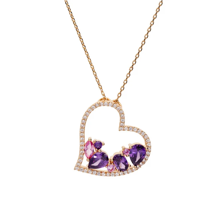 Collier cœur oxydes violets et roses – Plaqué or | Azuline