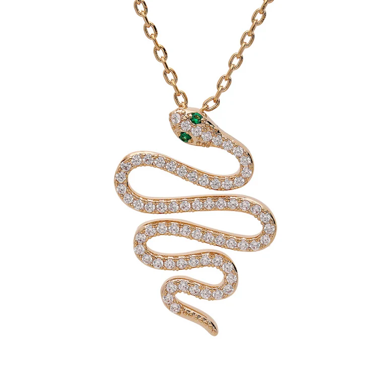 Collier serpent oxydes blancs et yeux verts – Plaqué or | Azuline