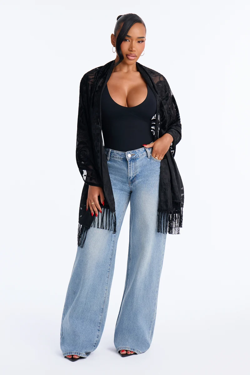 Soft Like Roses Burnout Velvet Sheer Shawl - Black
