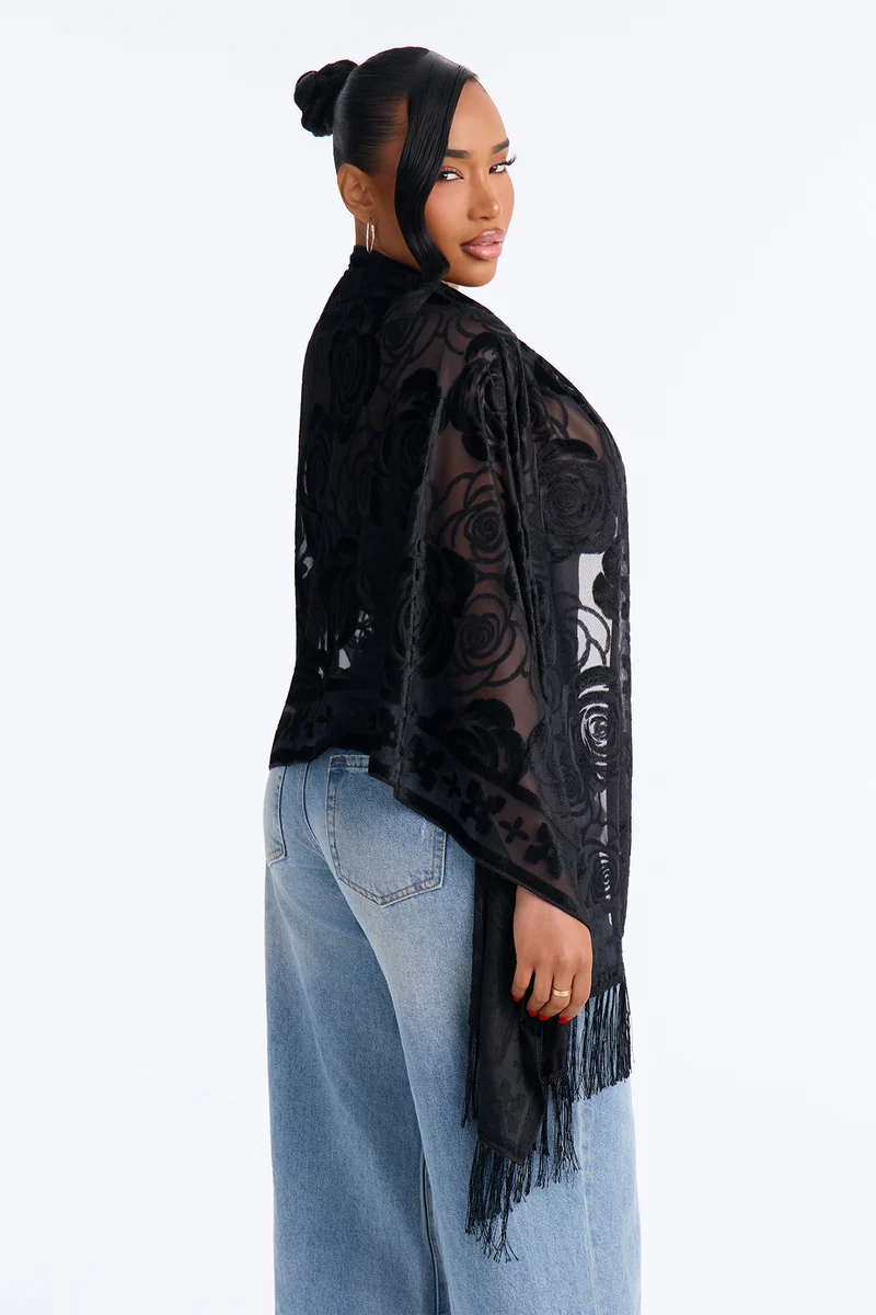 Soft Like Roses Burnout Velvet Sheer Shawl - Black