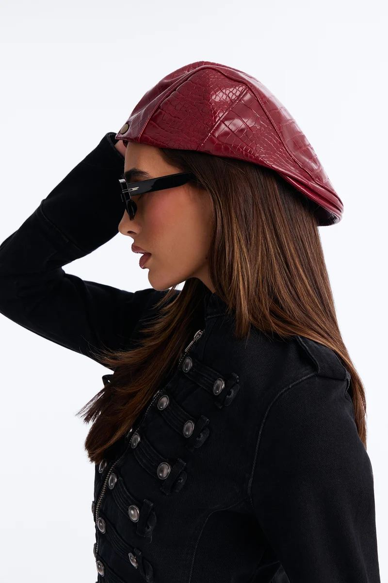 City Strolling Faux Leather Newsboy Hat - Burgundy