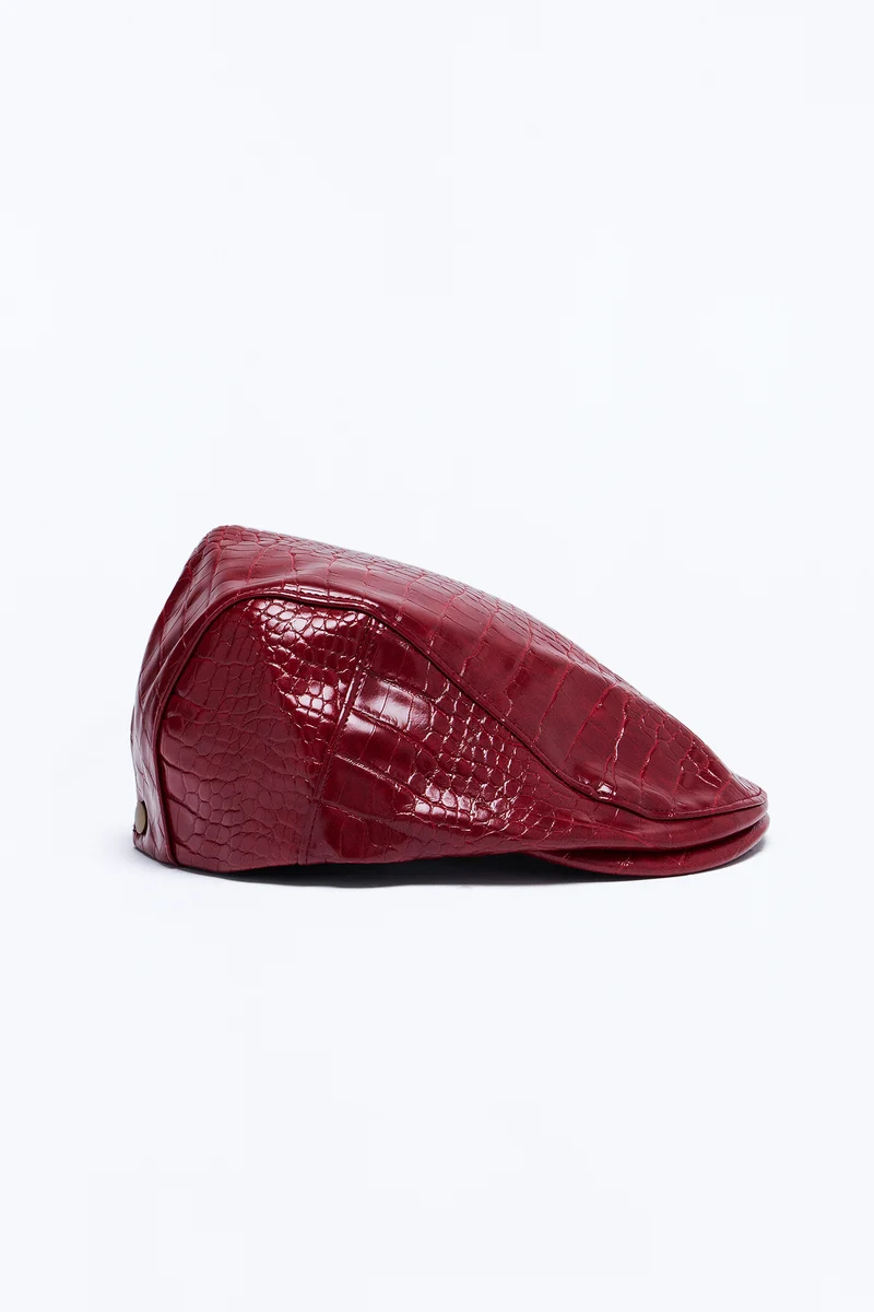 City Strolling Faux Leather Newsboy Hat - Burgundy