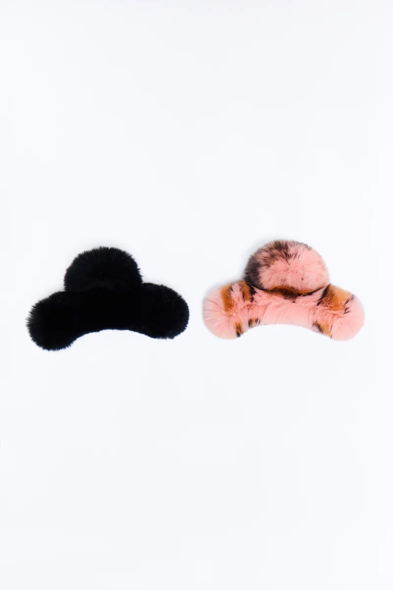 Soft To The Touch 2 Piece Faux Fur Claw Clip Set - Black/combo