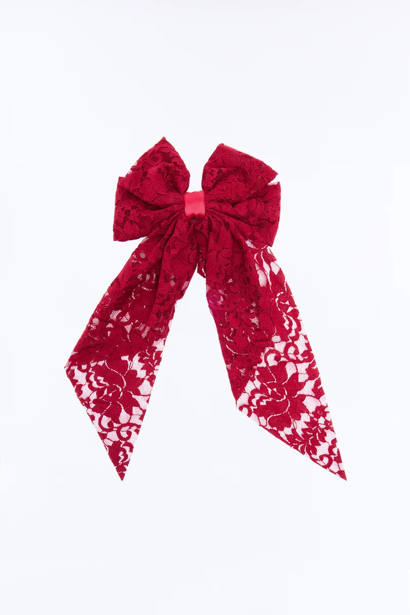 Tea Time Lace Hair Bow - Burgundy