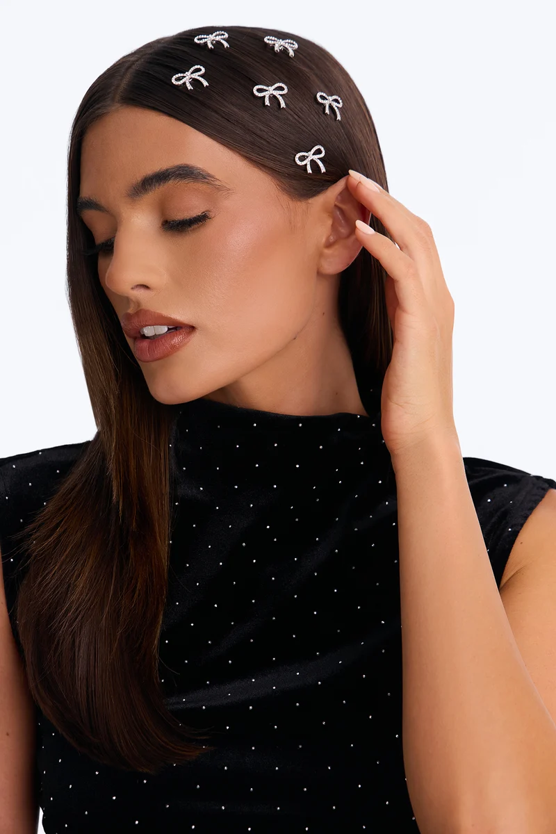 Bows Shine Rhinestone 6 Piece Hair Charm Set - Silver