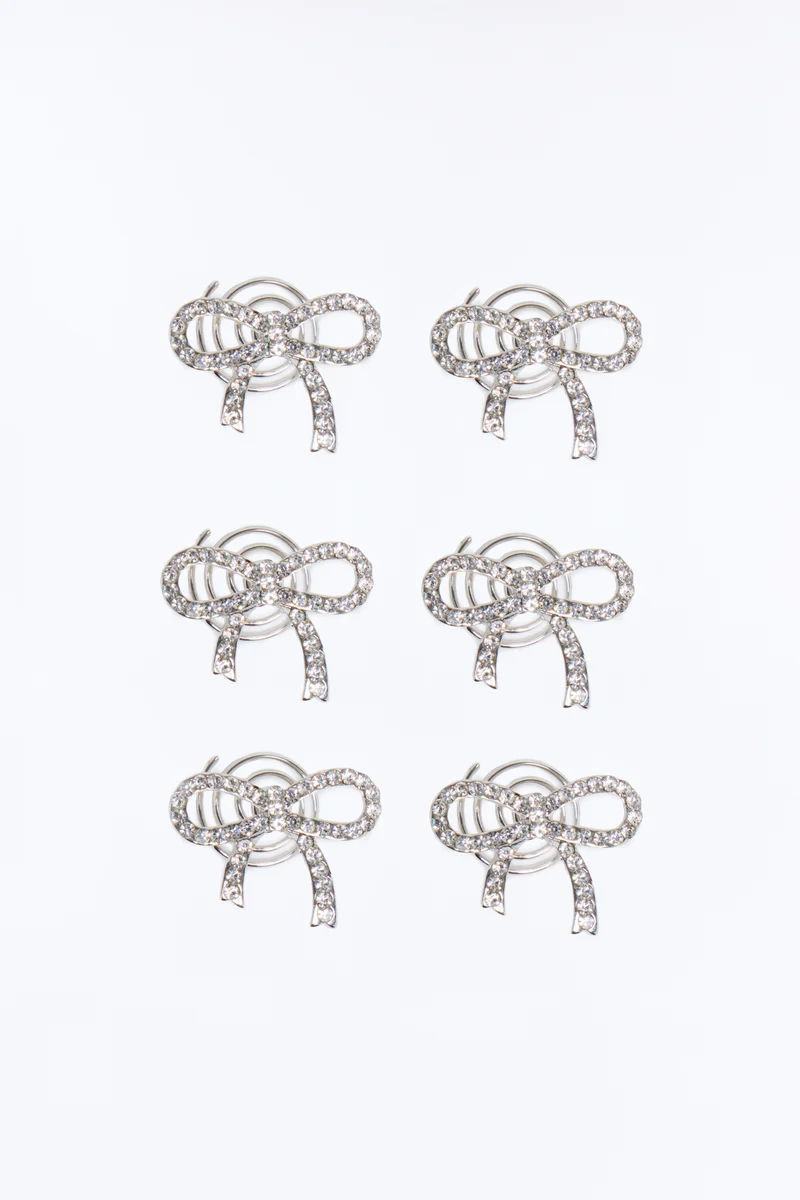 Bows Shine Rhinestone 6 Piece Hair Charm Set - Silver