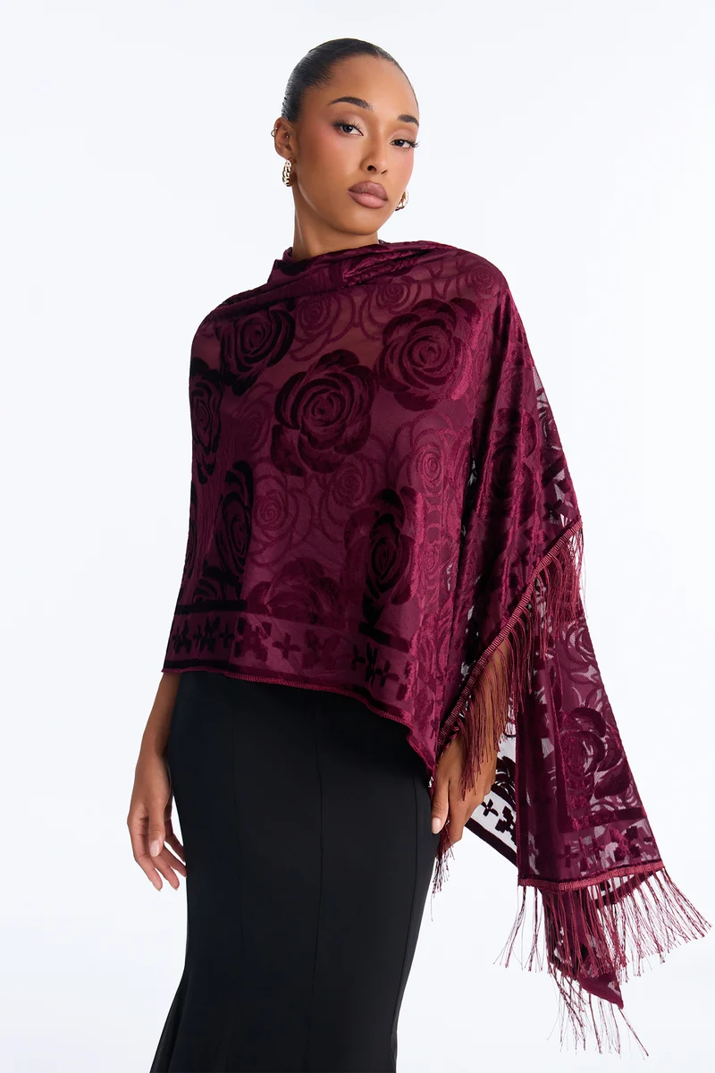 Soft Like Roses Burnout Velvet Sheer Shawl - Burgundy