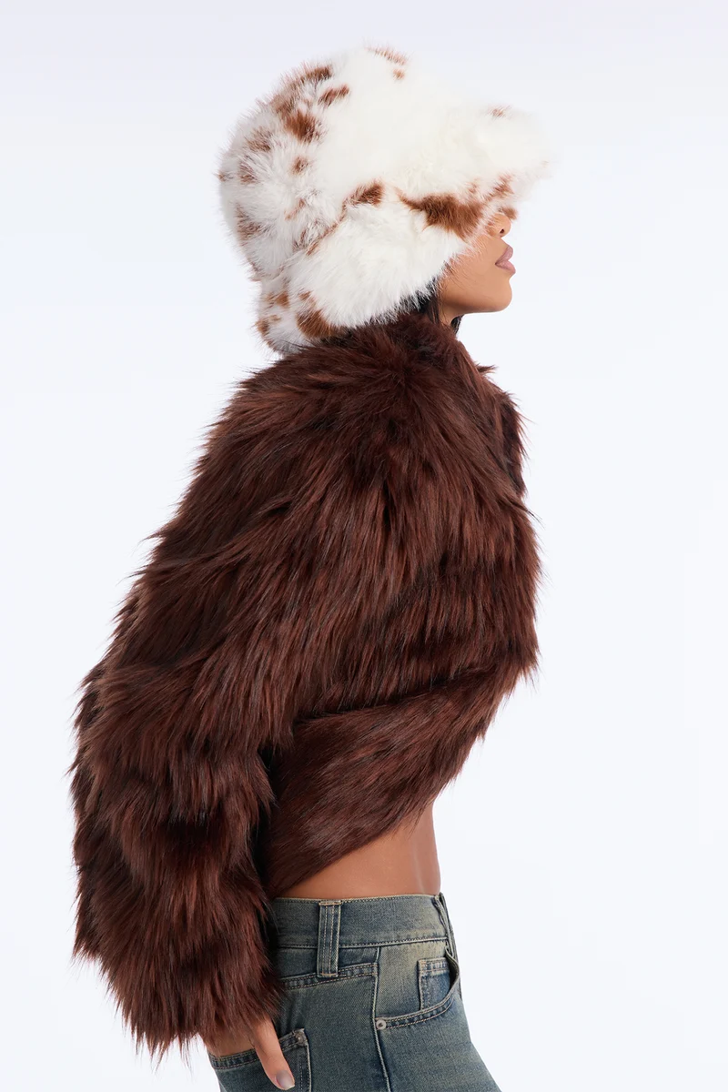 Moo Chic Faux Fur Bucket Hat - Brown/combo