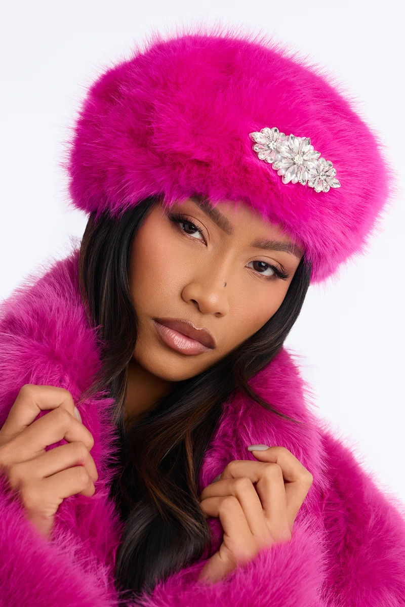 Luxe Paris Faux Fur Beret - Fuchsia