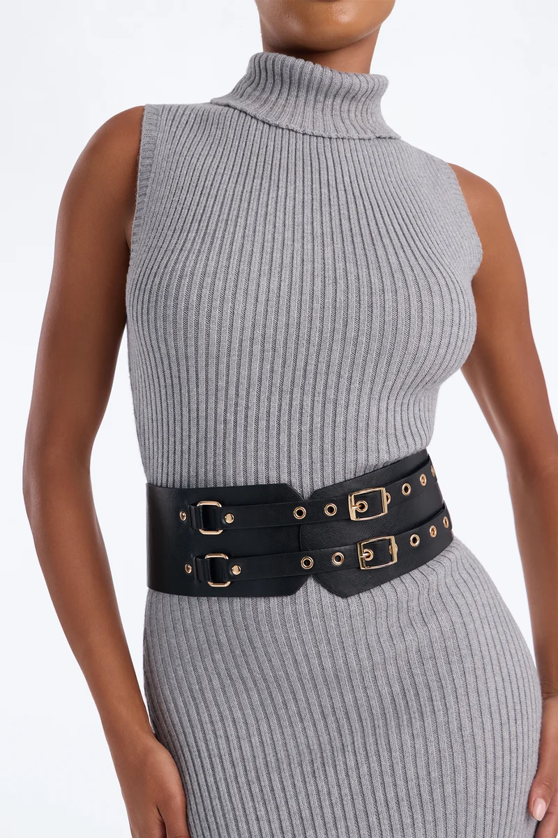 Twice As Nice Wide Faux Leather Belt - Black