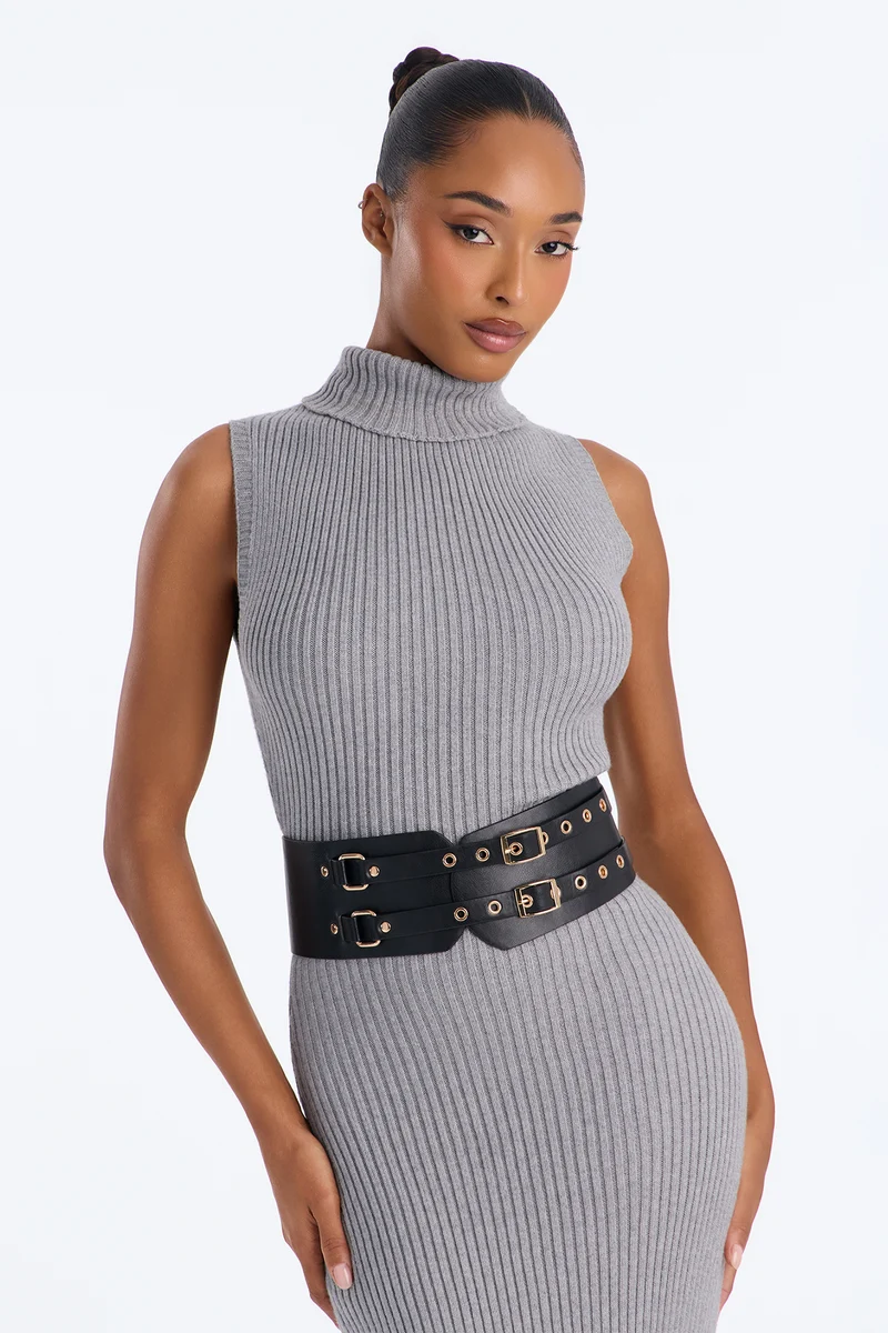 Twice As Nice Wide Faux Leather Belt - Black