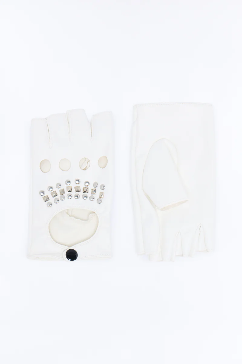 Bad Girl Studded Faux Leather Fingerless Gloves - White