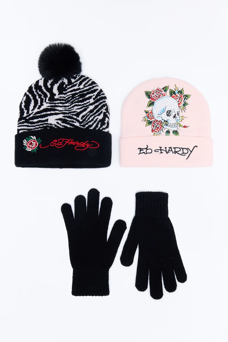 Hot And Wild Ed Hardy 2 Pack Hat And Glove Set - Pink/combo