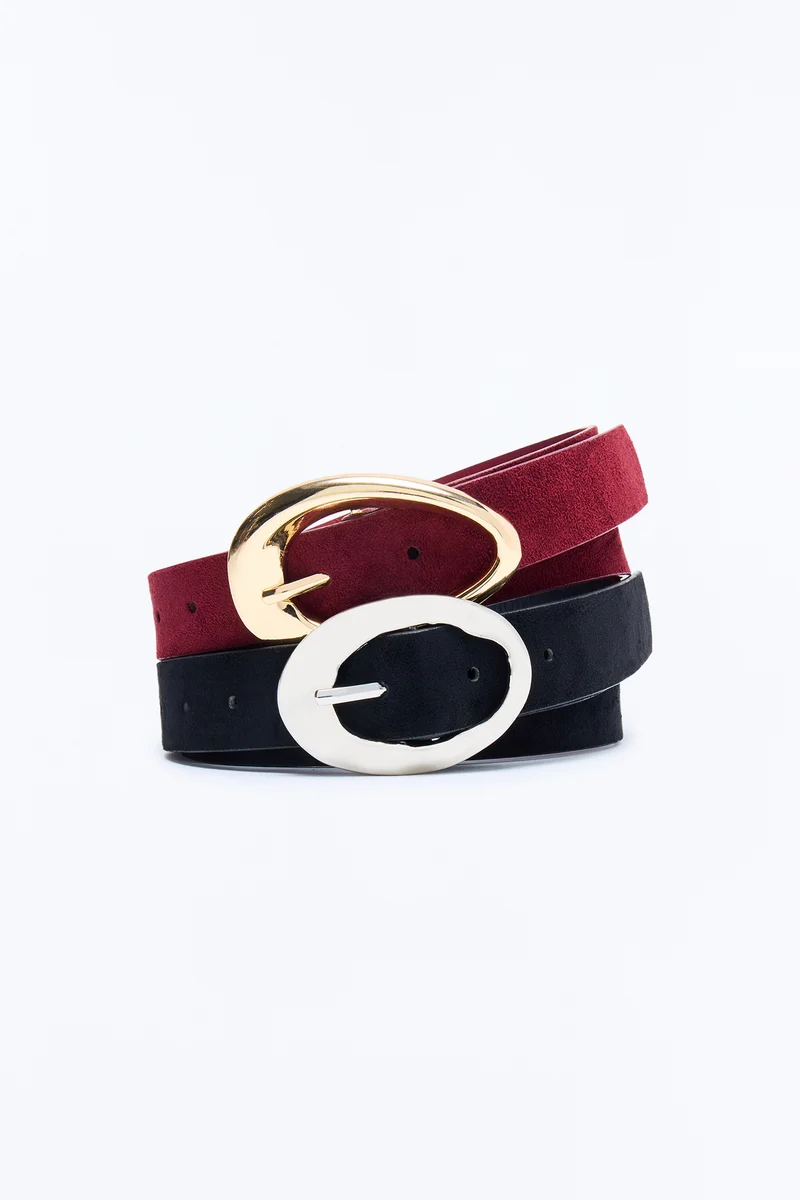 One Day One Night Faux Suede 2 Piece Belt Set - Burgundy/combo