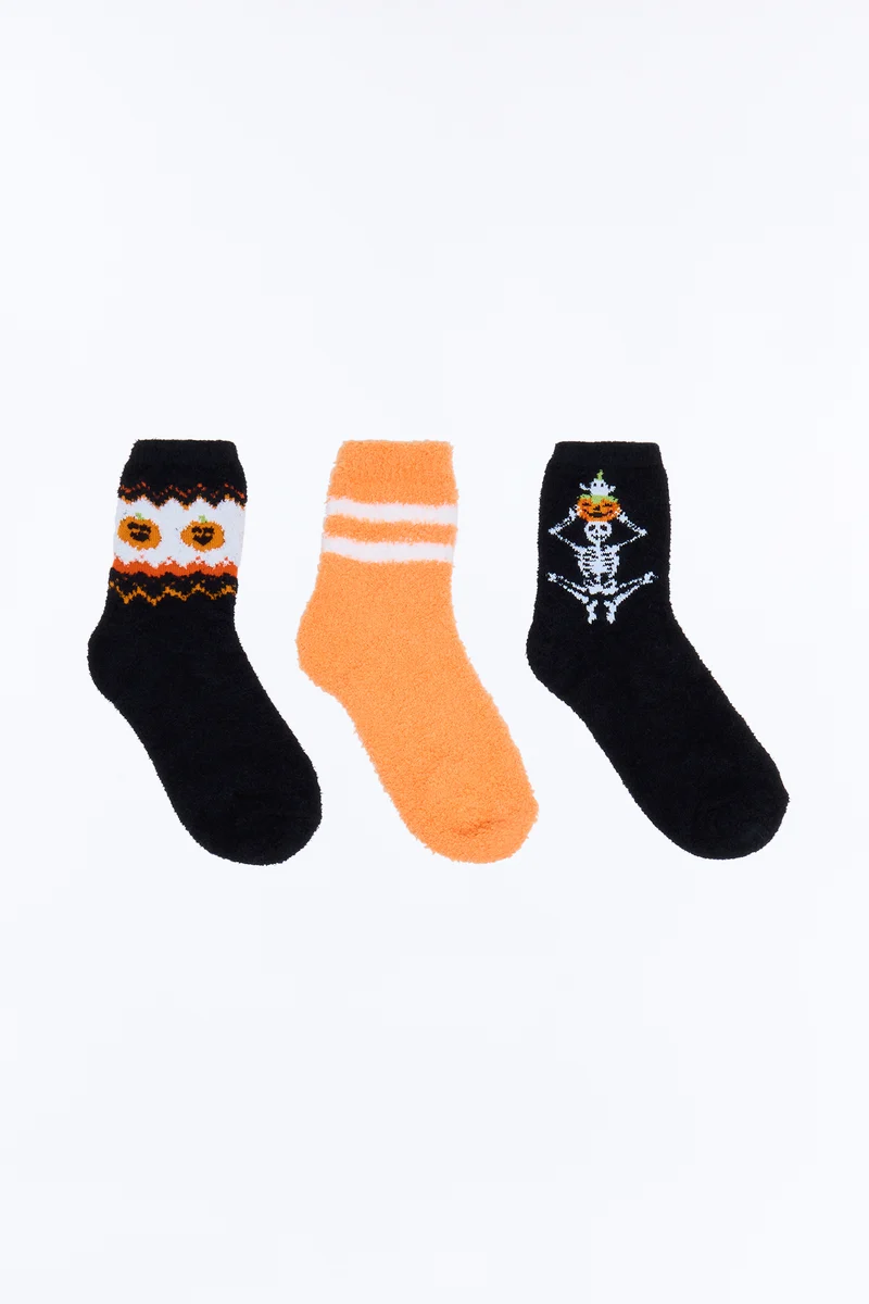 Bones And Pumpkins 3 Pack Cozy Socks - Black/combo
