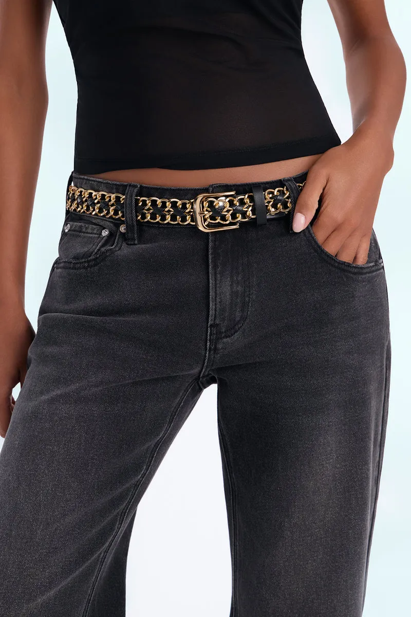 Chain On Faux Leather And Metal Chain Belt - Gold/Black