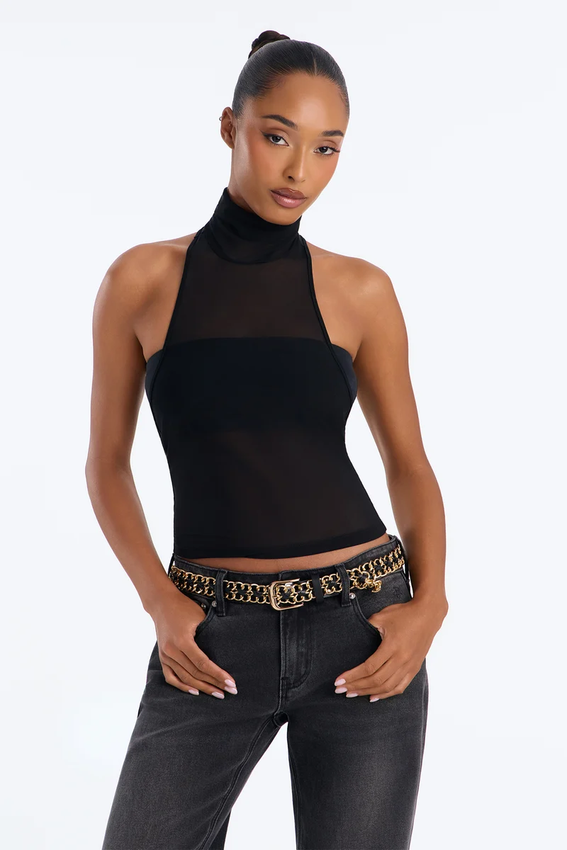 Chain On Faux Leather And Metal Chain Belt - Gold/Black