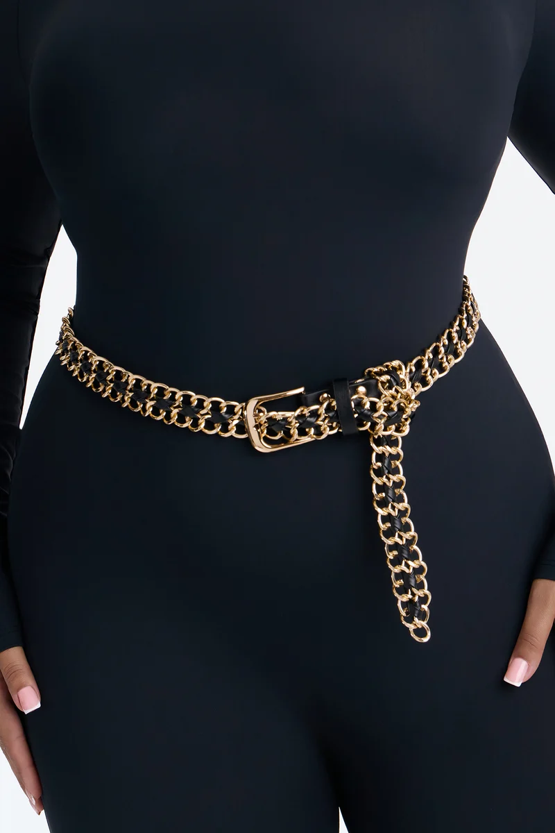 Chain On Faux Leather And Metal Chain Belt - Gold/Black