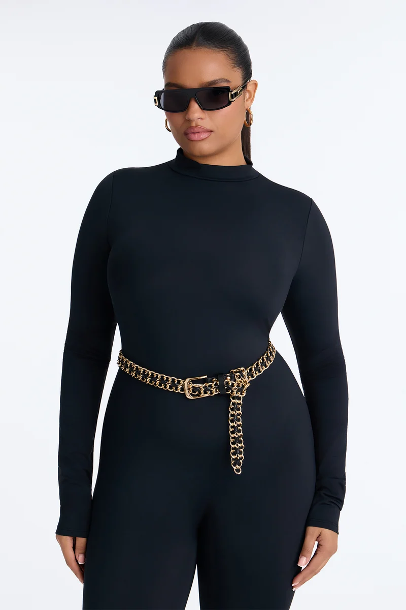 Chain On Faux Leather And Metal Chain Belt - Gold/Black