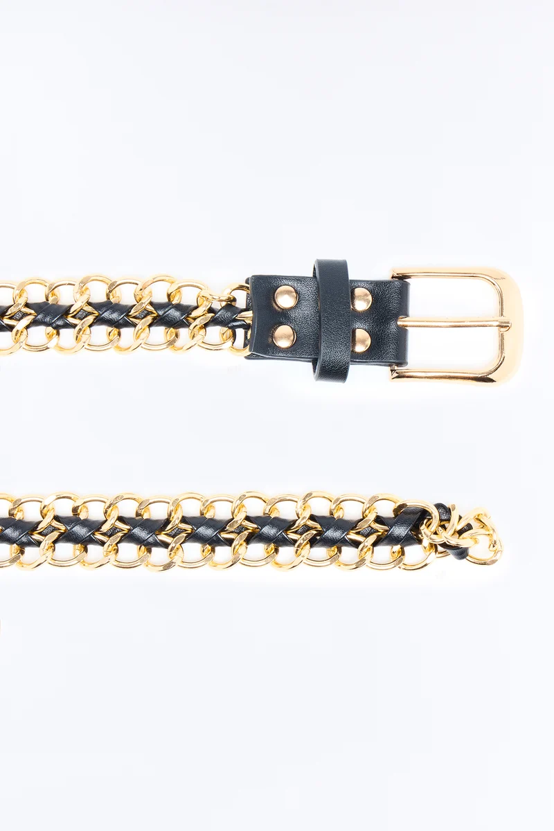 Chain On Faux Leather And Metal Chain Belt - Gold/Black