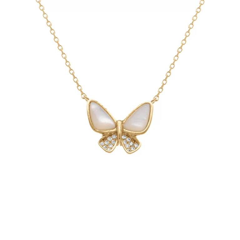 Collier papillon nacre et oxydes blancs – Plaqué or | Azuline