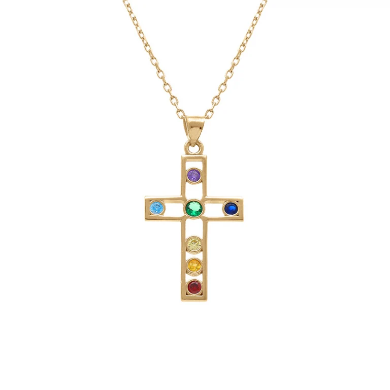 Collier croix à sept oxydes multicolores – Plaqué or | Azuline