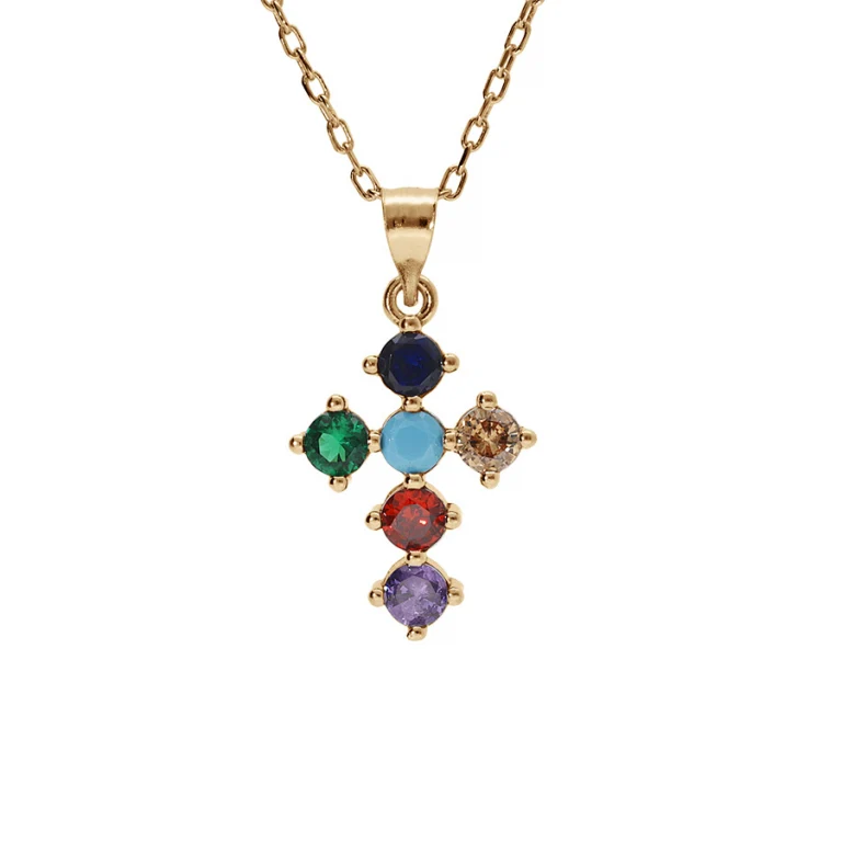 Collier croix sertie d’oxydes multicolores – Plaqué or | Azuline