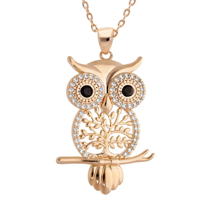 Collier hibou arbre de vie oxydes blancs et yeux noirs – Plaqué or | Azuline