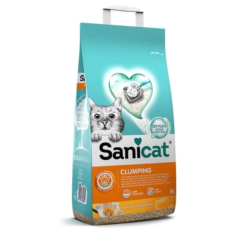 ARENA GATOS BENTONITA AGLOMERANTE SANICAT CLUMPING AROMA DUO VAINILLA Y MANDARINA 3 X 8 L
