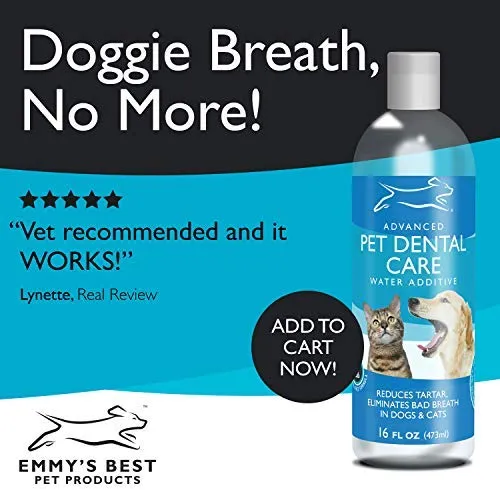 Emmy's Best Premium - Ambientador para perros y gatos, tratamiento aditivo de agua para mascotas avanzado, sin cepillado para eliminar la placa, el sarro y mejorar el mal aliento