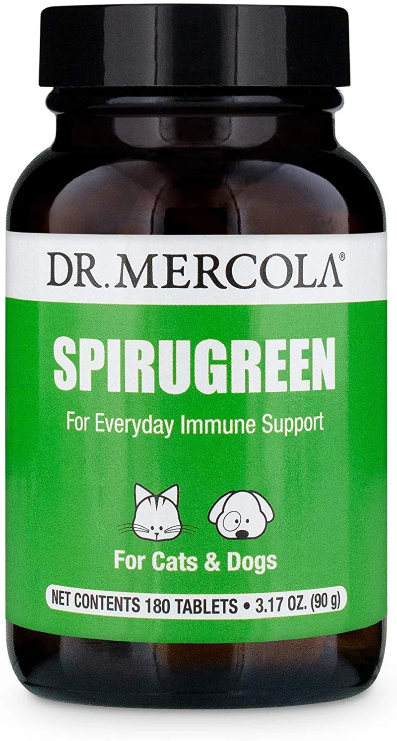 Dr. Mercola Spirugreen Superfood para mascotas – Ayuda a el sistema inmunológico – para gatos, perros, pájaros y los peces – contiene Espirulina y astaxanthin – 180 Tabletas
