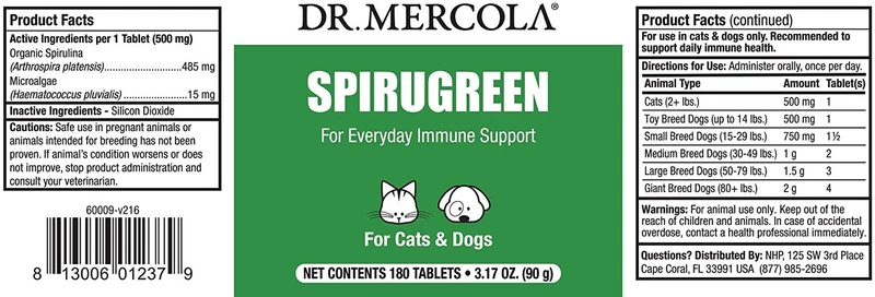 Dr. Mercola Spirugreen Superfood para mascotas – Ayuda a el sistema inmunológico – para gatos, perros, pájaros y los peces – contiene Espirulina y astaxanthin – 180 Tabletas