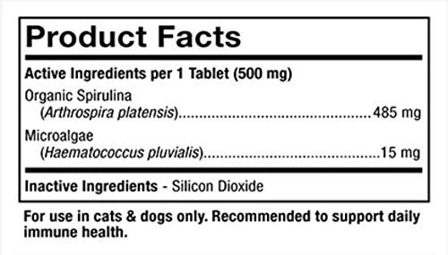 Dr. Mercola Spirugreen Superfood para mascotas – Ayuda a el sistema inmunológico – para gatos, perros, pájaros y los peces – contiene Espirulina y astaxanthin – 180 Tabletas