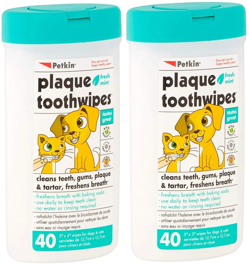 Petkin Placa toothwipes Menta Fresca 2 paquetes de toallitas 40 – Limpia los Dientes, las encías, placa & Tartar, refresca Breath. Paño Diente para gato o perro.