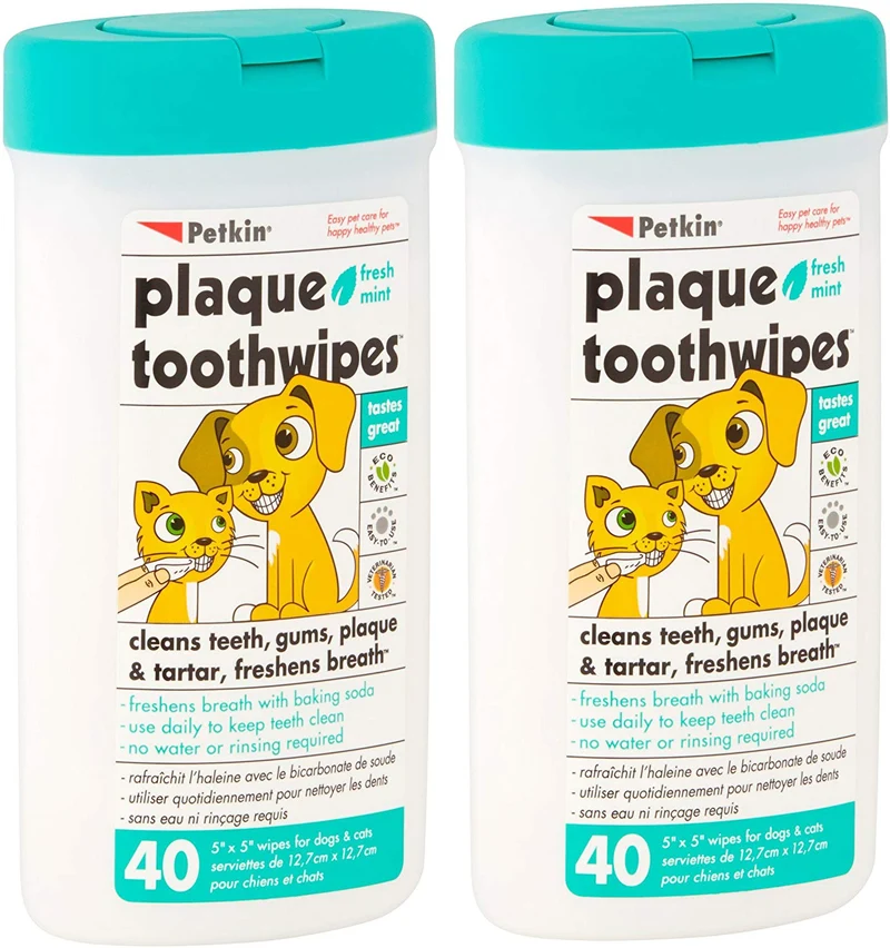 Petkin Placa toothwipes Menta Fresca 2 paquetes de toallitas 40 – Limpia los Dientes, las encías, placa & Tartar, refresca Breath. Paño Diente para gato o perro.