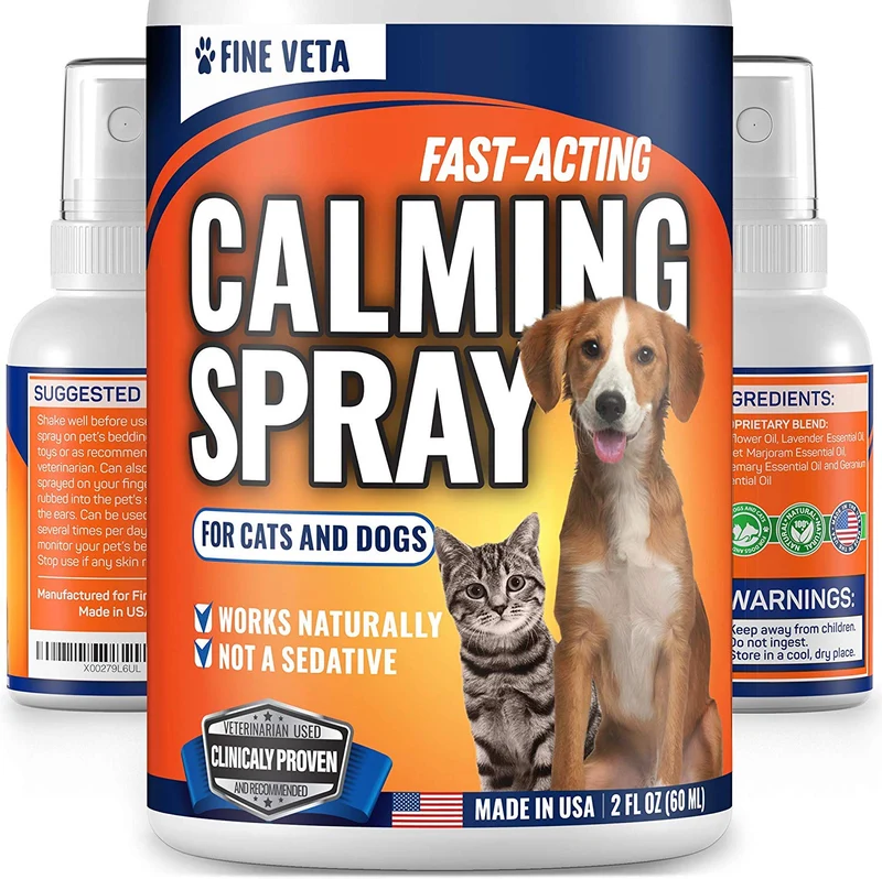 Alivio de la ansiedad del perro – Aceite natural relajante Spray para perros y gatos – Fabricado en Estados Unidos – Alivia el estrés, la ansiedad, ladridos – Funciona para visitas de veterinarios, viajes, tormentas y fuegos artificiales – Efecto de larga
