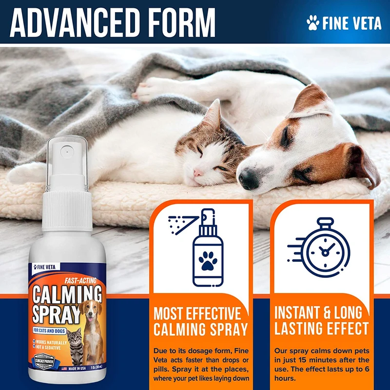 Alivio de la ansiedad del perro – Aceite natural relajante Spray para perros y gatos – Fabricado en Estados Unidos – Alivia el estrés, la ansiedad, ladridos – Funciona para visitas de veterinarios, viajes, tormentas y fuegos artificiales – Efecto de larga