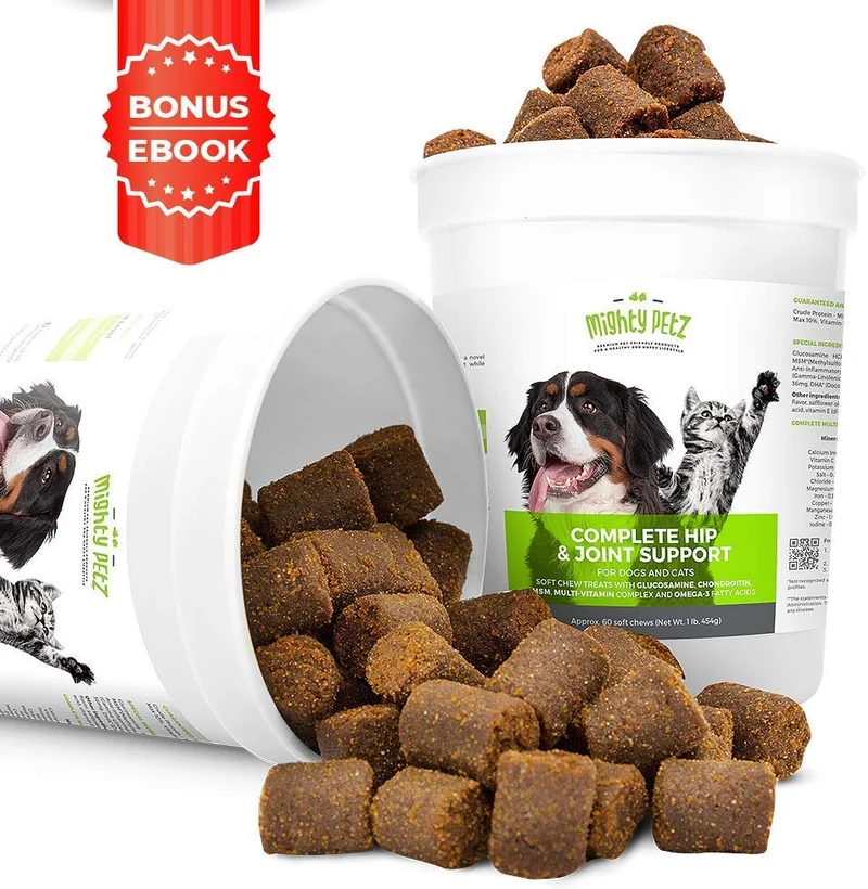 Mighty Petz 5 en 1 glucosamina masticar para perros y gatos, bonus eBook! Restaura la movilidad, evita la rigidez de las articulaciones. Hip & Joint Support Chondroitin MSM & Vitamin Treats, sin limping & Pain, Boost Energy.
