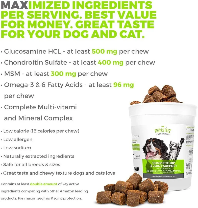 Mighty Petz 5 en 1 glucosamina masticar para perros y gatos, bonus eBook! Restaura la movilidad, evita la rigidez de las articulaciones. Hip & Joint Support Chondroitin MSM & Vitamin Treats, sin limping & Pain, Boost Energy.