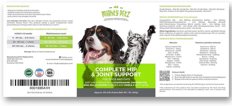 Mighty Petz 5 en 1 glucosamina masticar para perros y gatos, bonus eBook! Restaura la movilidad, evita la rigidez de las articulaciones. Hip & Joint Support Chondroitin MSM & Vitamin Treats, sin limping & Pain, Boost Energy.