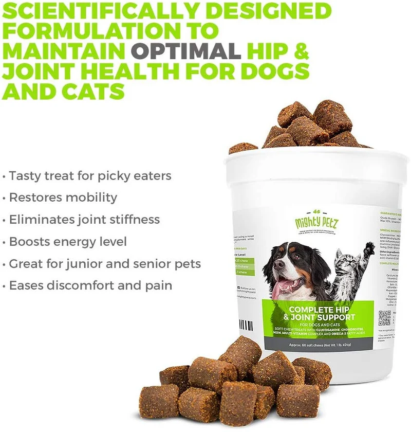 Mighty Petz 5 en 1 glucosamina masticar para perros y gatos, bonus eBook! Restaura la movilidad, evita la rigidez de las articulaciones. Hip & Joint Support Chondroitin MSM & Vitamin Treats, sin limping & Pain, Boost Energy.