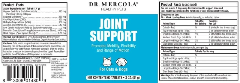 Dr. Mercola Apoyo Conjunto para mascotas – 60 tabletas masticables – con 7 ingredientes activos – Promueve la movilidad/Flexibilidad/Rango de Movimiento – PREMIUM Pet Suplemento