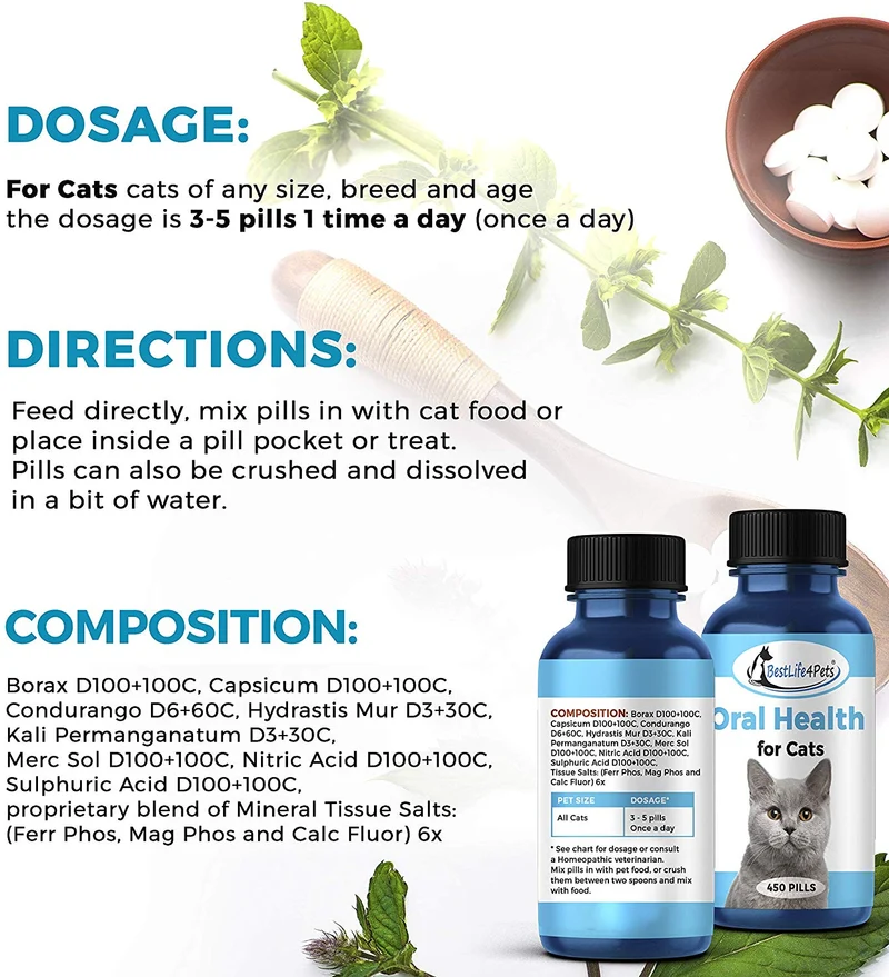 Oral Health for Cats Dental Treatment - Natural Stomatitis and Gingivitis Solution is Highly Effective for Feline Mouth Issues Including Tartar and Inflammed Gums - Easy to Use (450 pills)