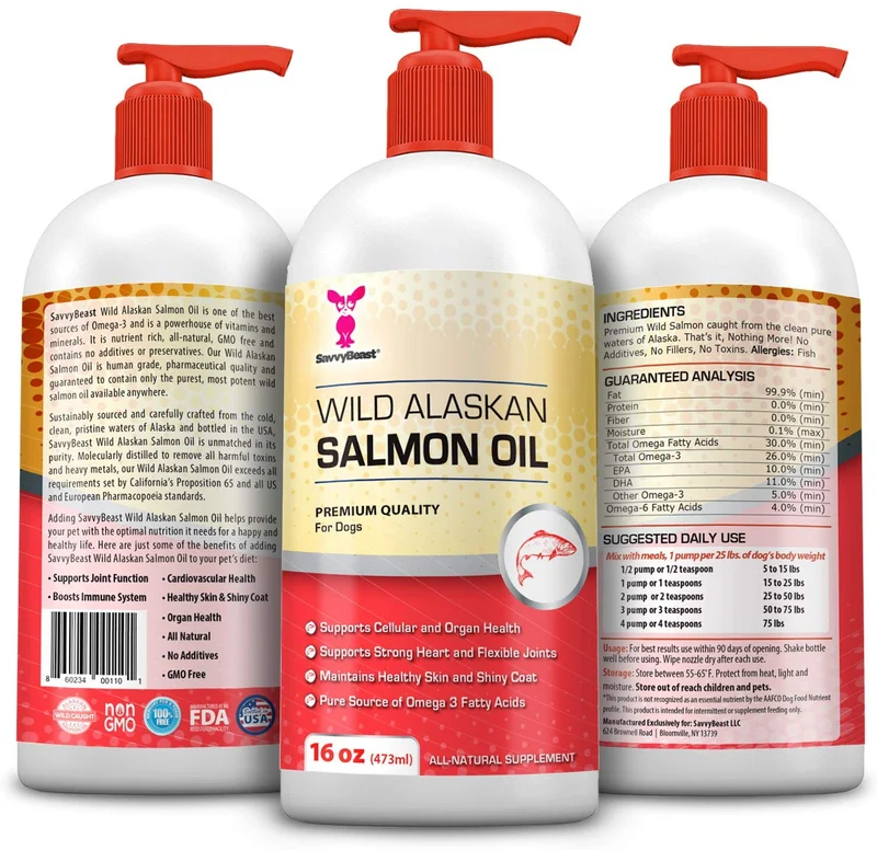 Wild Alaskan Salmon Oil for Dogs, Cats, Ferrets - 16 & 32oz Pure Unscented Liquid Omega 3 Fatty Acid Fish Oil for Dogs - EPA DHA supplement for Pets - Helps Joints, Dry Skin, Coat - Just Pump on Food