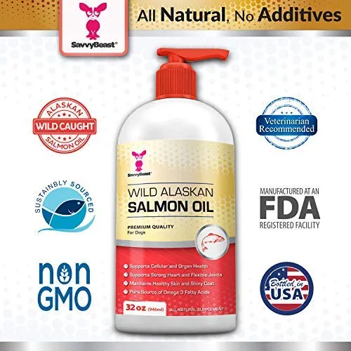 Wild Alaskan Salmon Oil for Dogs, Cats, Ferrets - 16 & 32oz Pure Unscented Liquid Omega 3 Fatty Acid Fish Oil for Dogs - EPA DHA supplement for Pets - Helps Joints, Dry Skin, Coat - Just Pump on Food