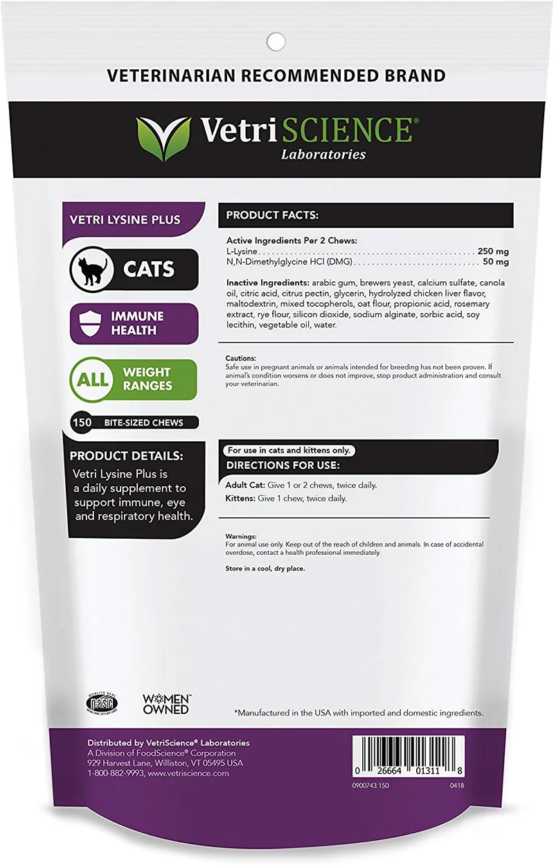 vetriscience laboratorios Vetri Lisina Plus, apoyo inmunológico Suplemento para gatos, 150 Bite tamaño masticables