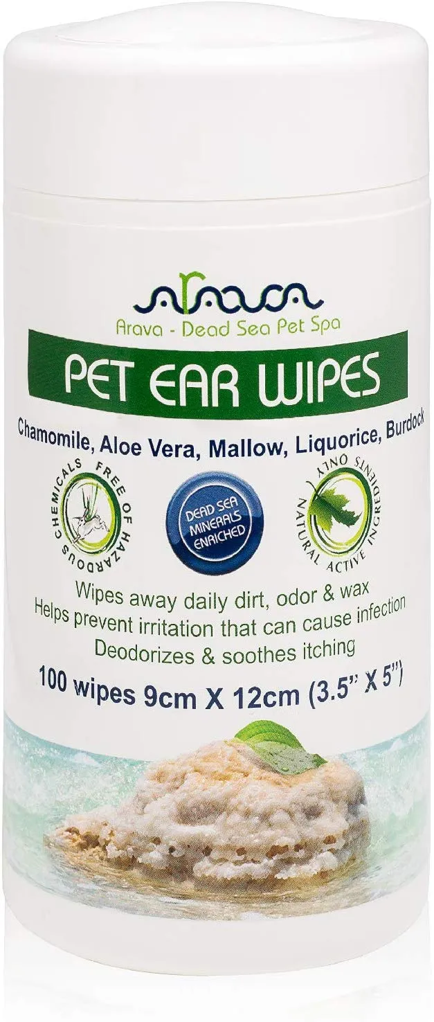 Toallitas para orejas de mascotas Arava, para perros, gatos, cachorros y gatitos, 100 unidades, desodorizante de limpieza medicada natural, elimina la suciedad de la cera, levadura y ácaros irritaciones, evita olores picantes, toallitas suaves para perros
