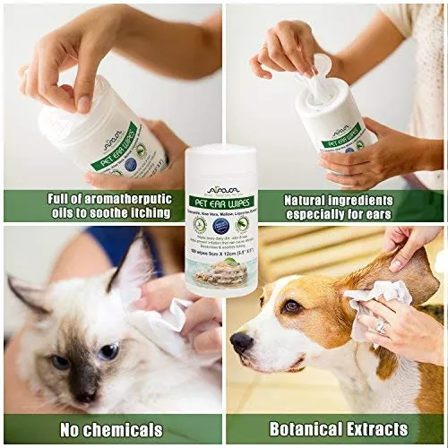 Toallitas para orejas de mascotas Arava, para perros, gatos, cachorros y gatitos, 100 unidades, desodorizante de limpieza medicada natural, elimina la suciedad de la cera, levadura y ácaros irritaciones, evita olores picantes, toallitas suaves para perros