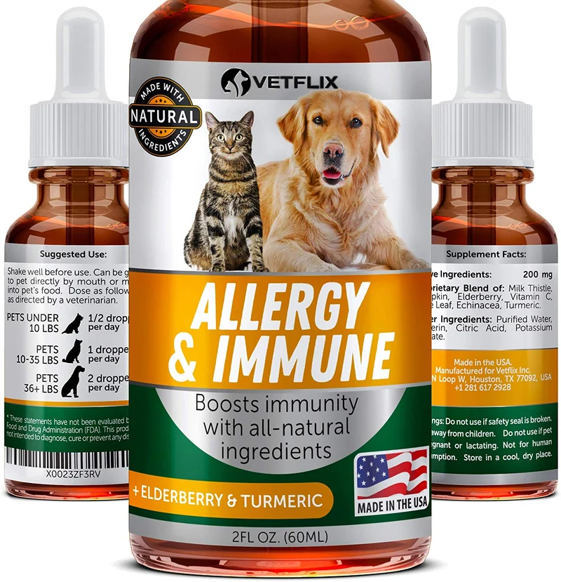 Alergia de mascotas y apoyo inmunológico – Fabricado en Estados Unidos – Alivio de alergias para gatos y perros – 100% natural – Cardo de leche y cúrcuma – El mejor tratamiento para el sistema inmunológico para perros y gatos – Vitamina C para mascotas –