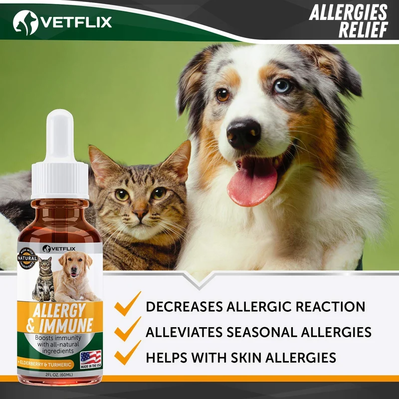 Alergia de mascotas y apoyo inmunológico – Fabricado en Estados Unidos – Alivio de alergias para gatos y perros – 100% natural – Cardo de leche y cúrcuma – El mejor tratamiento para el sistema inmunológico para perros y gatos – Vitamina C para mascotas –